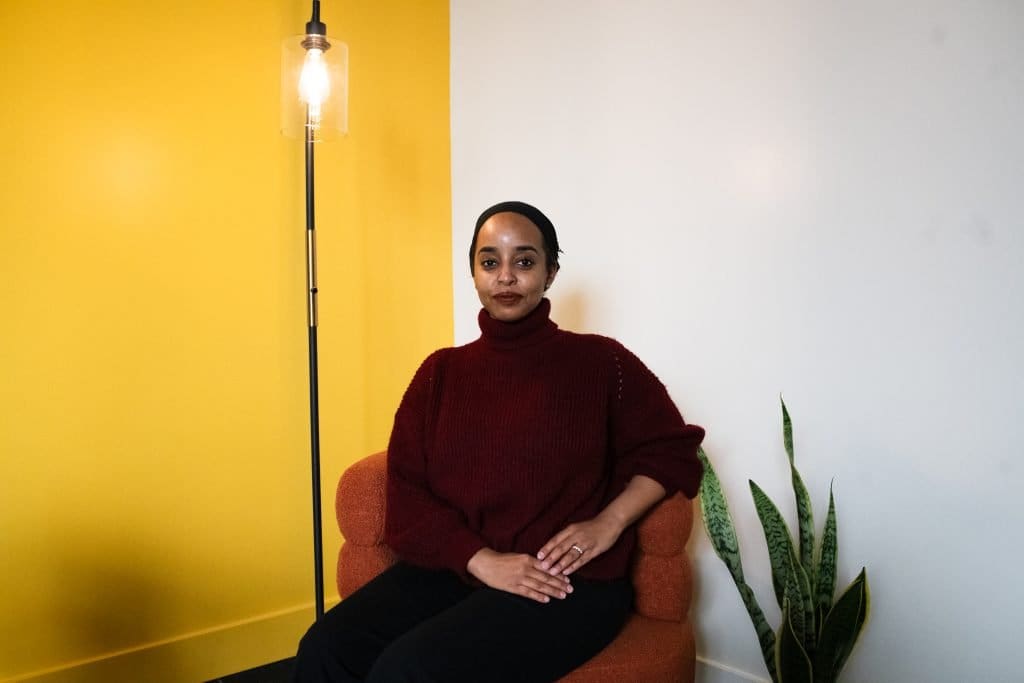 Samira Abderahman, Director of the Sisters in Cinema Media Arts Center, shows one of the office spaces that is provided.