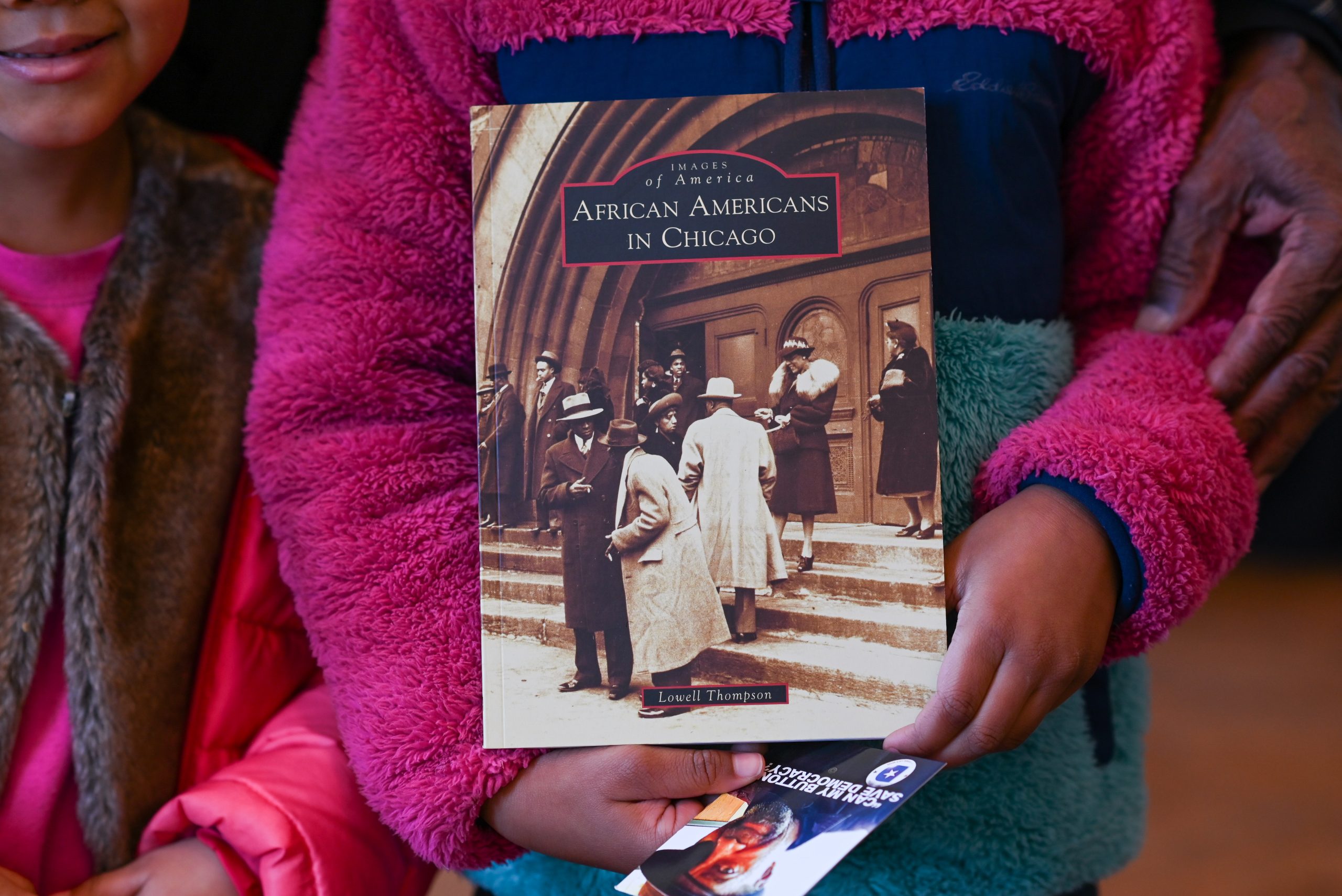 Close-up of Lowel's book titled "African Americans in Chicago"