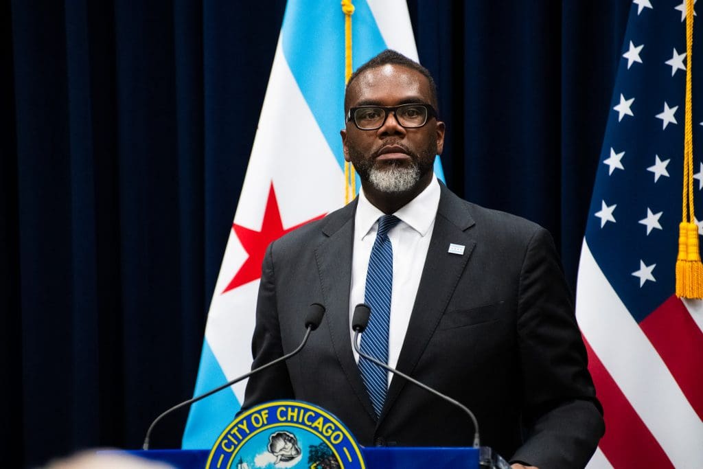 Mayor Brandon Johnson speaks during a press conference following a May 22 City Council meeting. Photo by Ash Lane for The TRiBE®