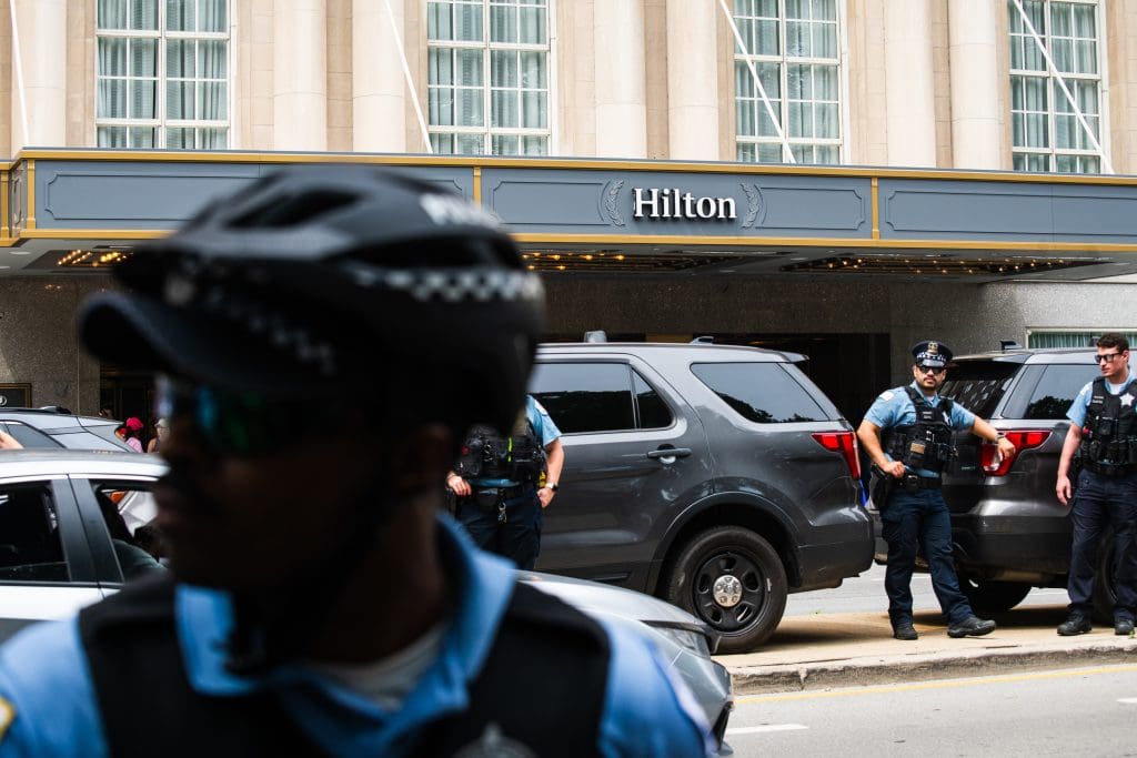 Secret Service and CPD officers surrounded the outside perimeter of Hilton Chicago while Donald Trump spoke at The National Association of Black Journalists (NABJ).