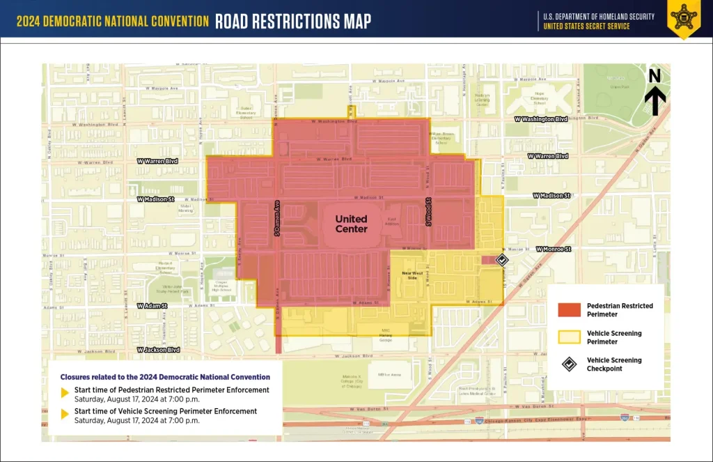 A map outlining the restricted areas for vehicles and pedestrians during the 2024 Democratic National Convention.