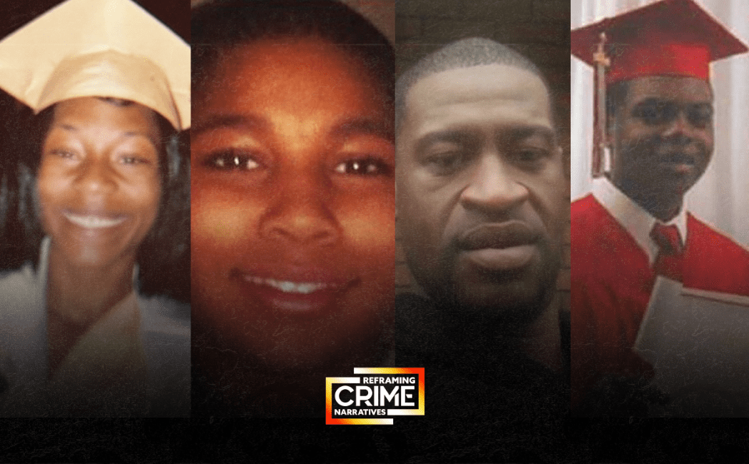From left to right are photos Sonya Massey, Tamir Rice, George Floyd, and Laquan McDonald. All who have died at the hands of police officers.