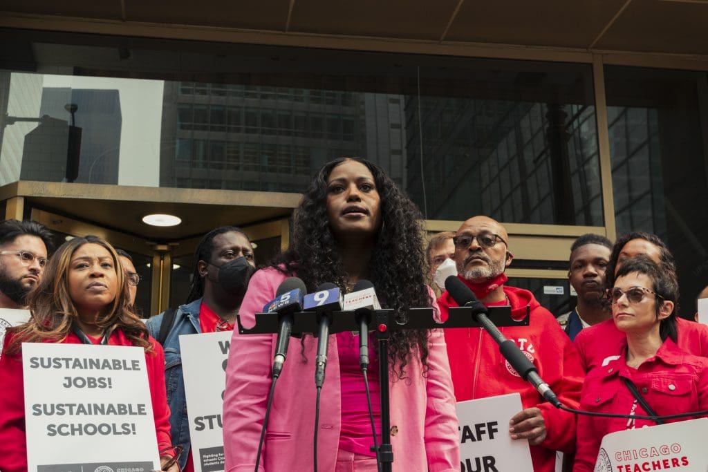 Stacy Davis Gates, president of the Chicago Teachers Union, spoke at the Chicago Teacher's Union (CTU) press conference near Chicago Public School Headquarters downtown on June 28, 2023. Photo by Tyger Ligon for The TRiiBE®
