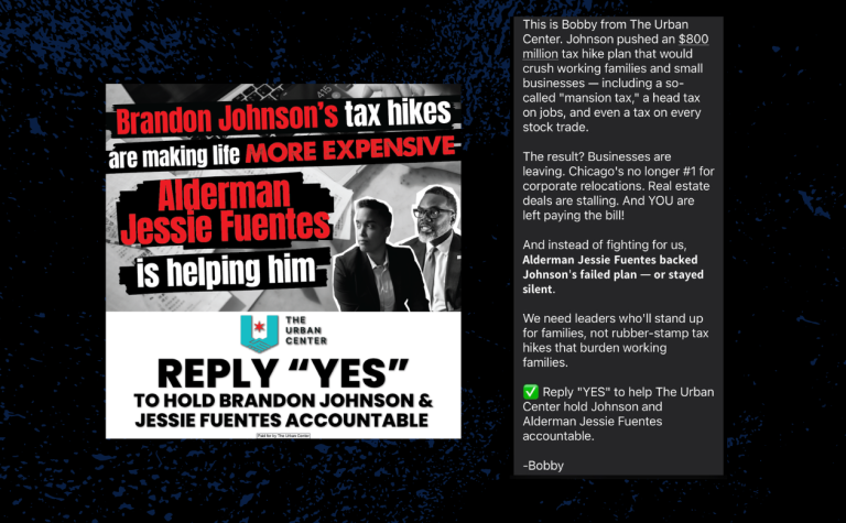 Ald. Jessie Fuentes (26th Ward) is one of the targets of the Urban Center PAC’s mass text campaign. She said it’s not the first time she’s been the subject of their political hits. Screenshot