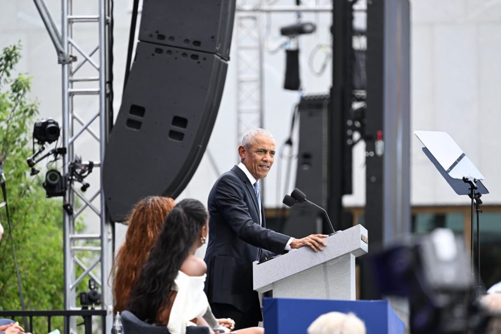 44th President Barack Obama speaks at the grand opening ceremony of the Obama Presidential Center on June 18, 2026. Photo by Alexander Gouletas©