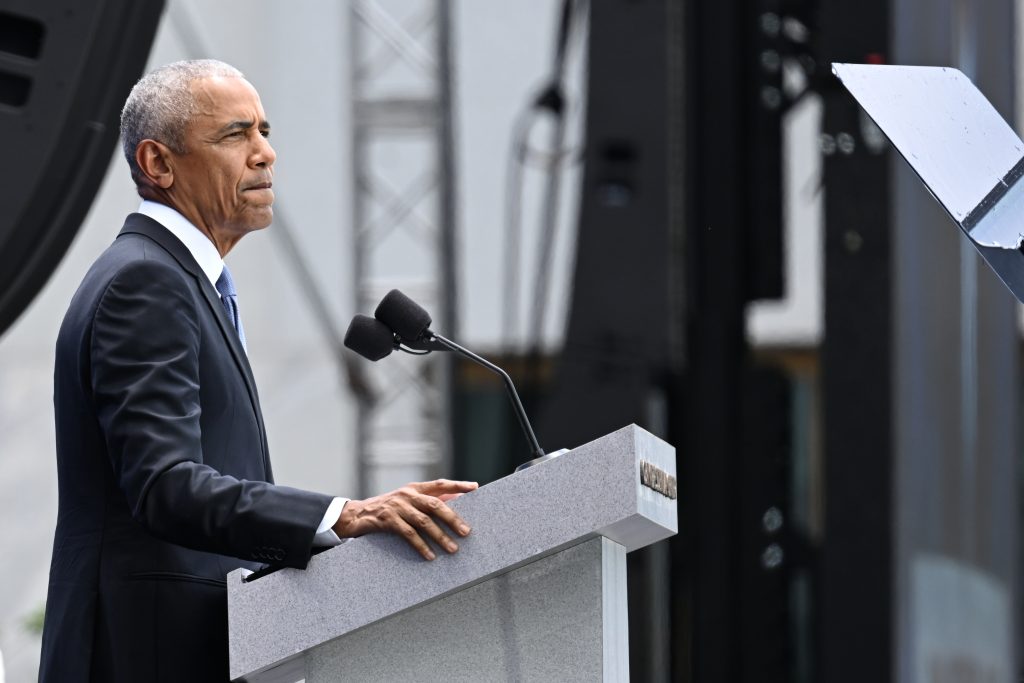 Former President Barack Obama at the John Lewis Plaza of the Obama Presidential Center, where its star-studded grand opening ceremony is taking place on June 18, 2026. Photo by Alexander Gouletas for The TRiiBE©